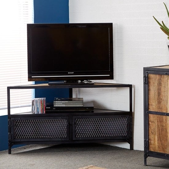 Product photograph of Romarin Corner Tv Stand In Reclaimed Wood And Metal Frame from Furniture in Fashion