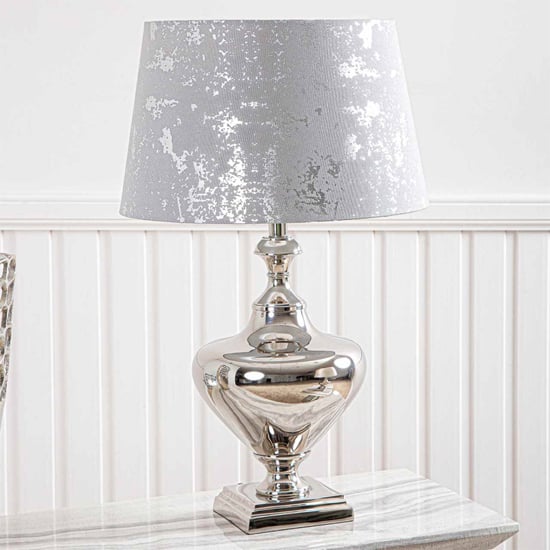 Photo of Rome drum-shaped silver shade table lamp with nickel chrome base