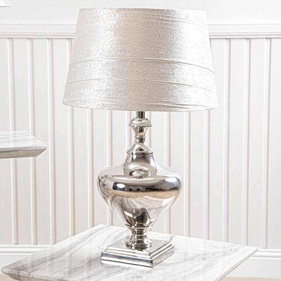 Photo of Rome drum-shaped white shade table lamp with nickel chrome base