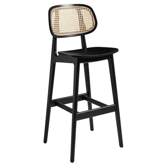 Romney Natural Rattan Back Wooden Bar Stool In Satin Black