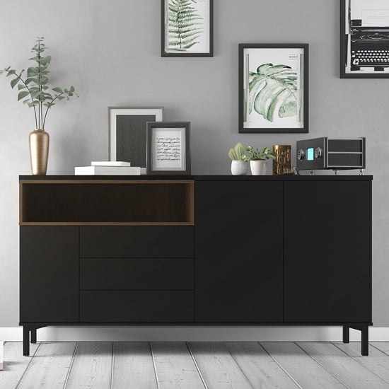 Product photograph of Romtree Wooden 3 Doors 3 Drawers Sideboard In Black And Walnut from Furniture in Fashion