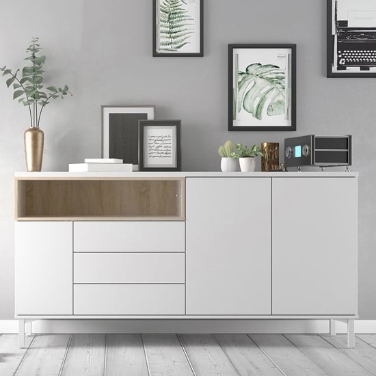 Product photograph of Romtree Wooden 3 Doors 3 Drawers Sideboard In White And Oak from Furniture in Fashion