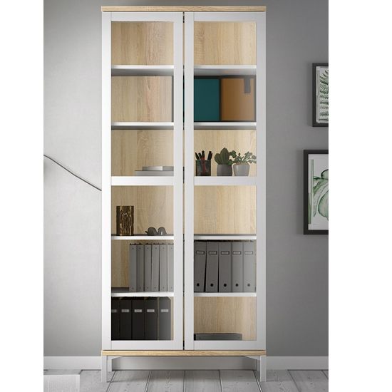 Romtree 2 Doors Display Cabinet In White And Oak