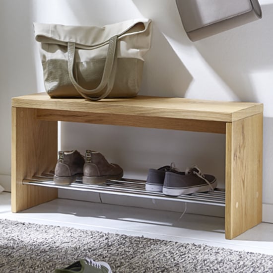 Read more about Ronde wooden shoe storage bench in oak with chrome shelf