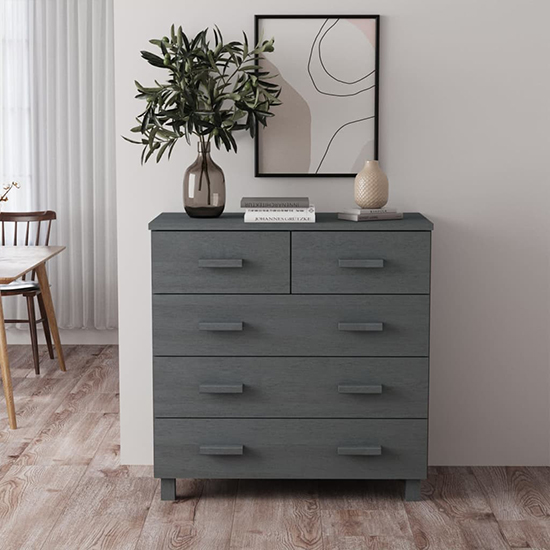 Ronen Pine Wood Chest Of 5 Drawers In Dark Grey thumbnail