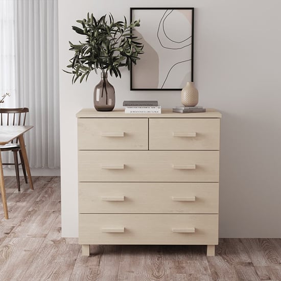 Read more about Ronen pine wood chest of 5 drawers in honey brown