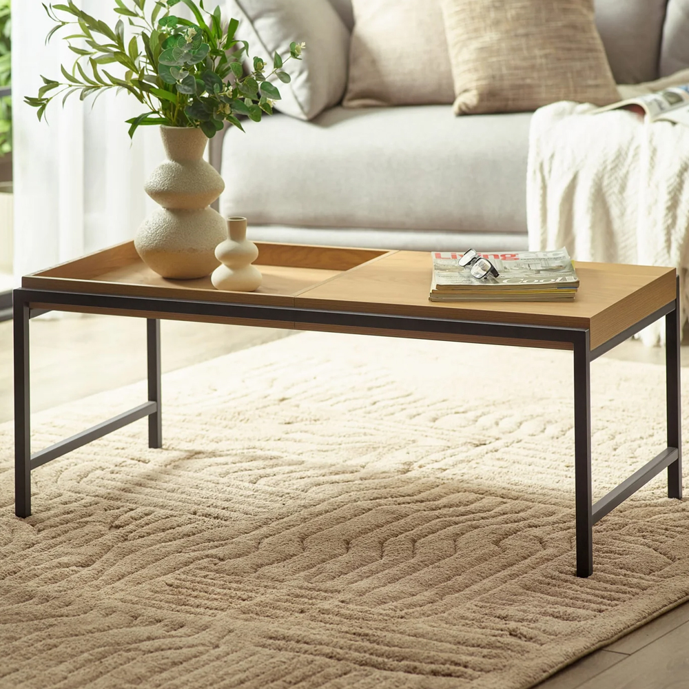 Ronks Oak Wooden Coffee Table With Black Metal Frame