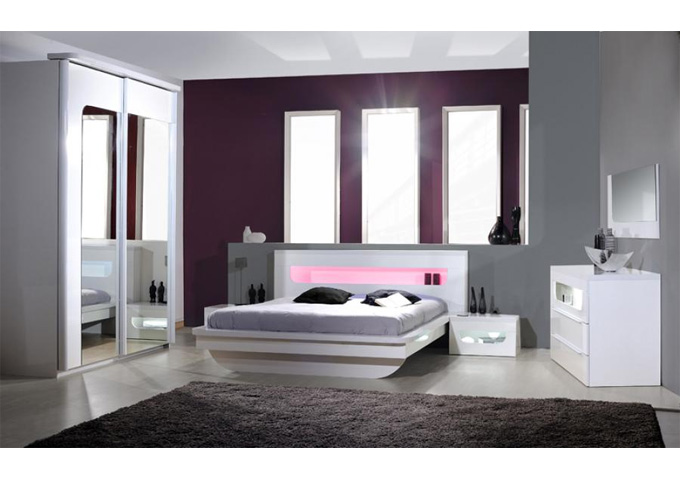 Room Set Pulse White Pulse High Gloss EU Double Bed In White With LED Lighting