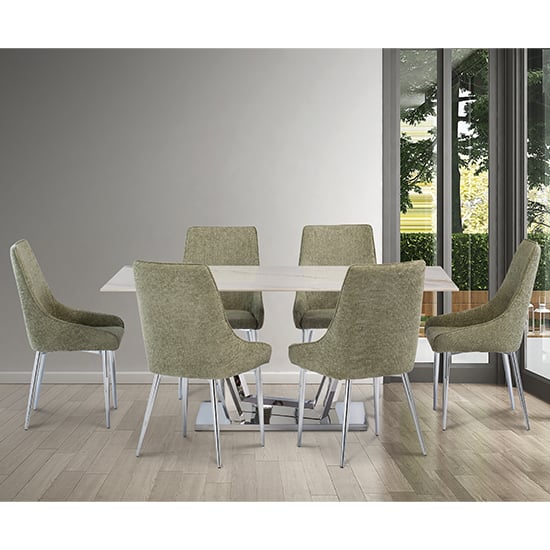 Photo of Rori 180cm kass gold marble dining table 6 reece olive chairs