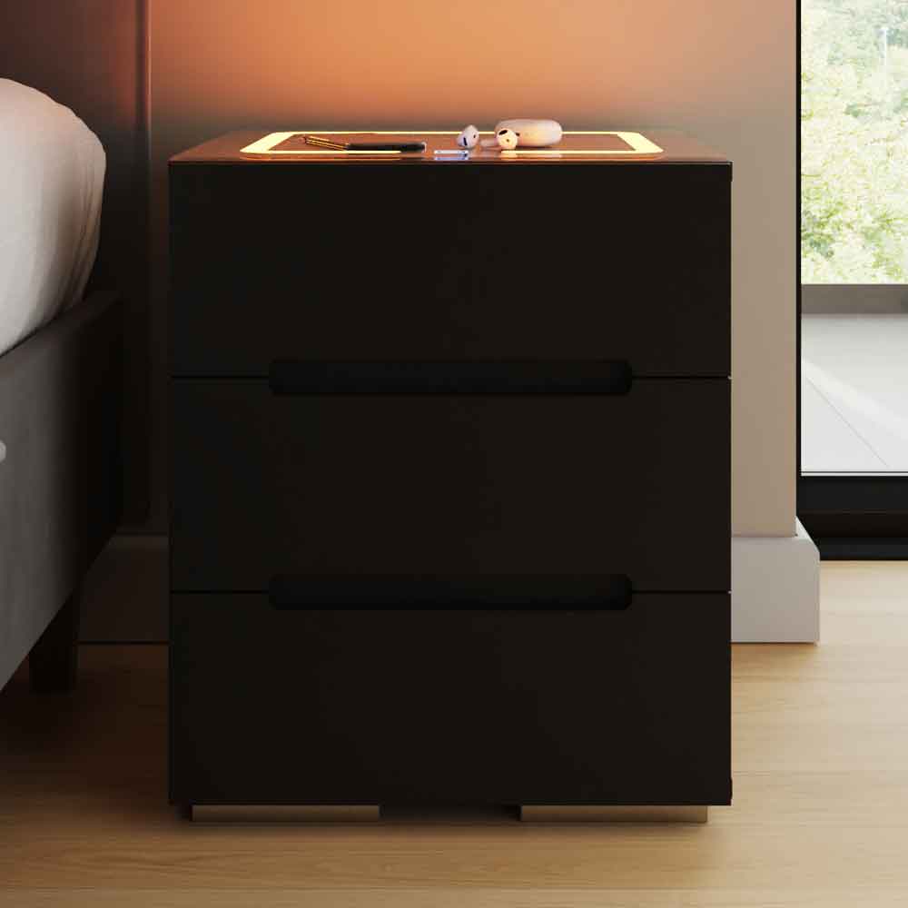 Rormis Wooden Bedside Cabinet in Black and LED