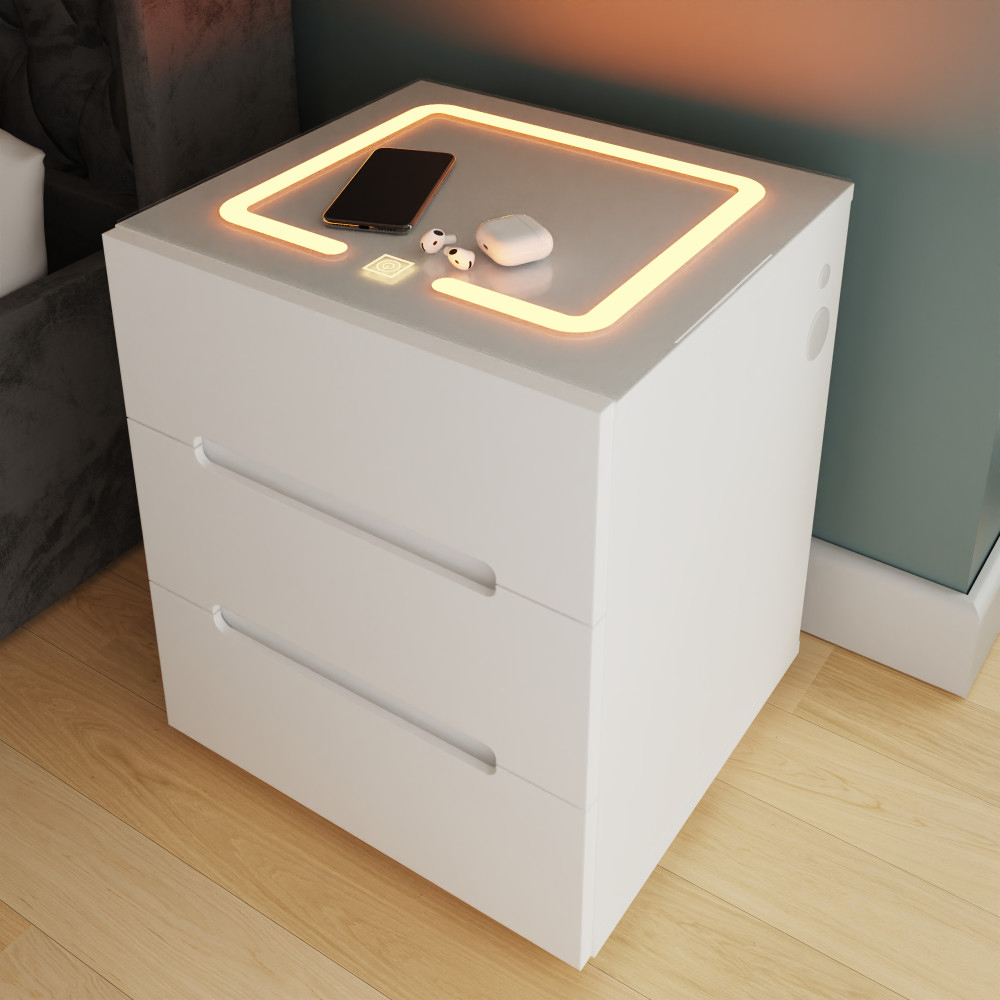 Rormis Wooden Bedside Cabinet in White and LED