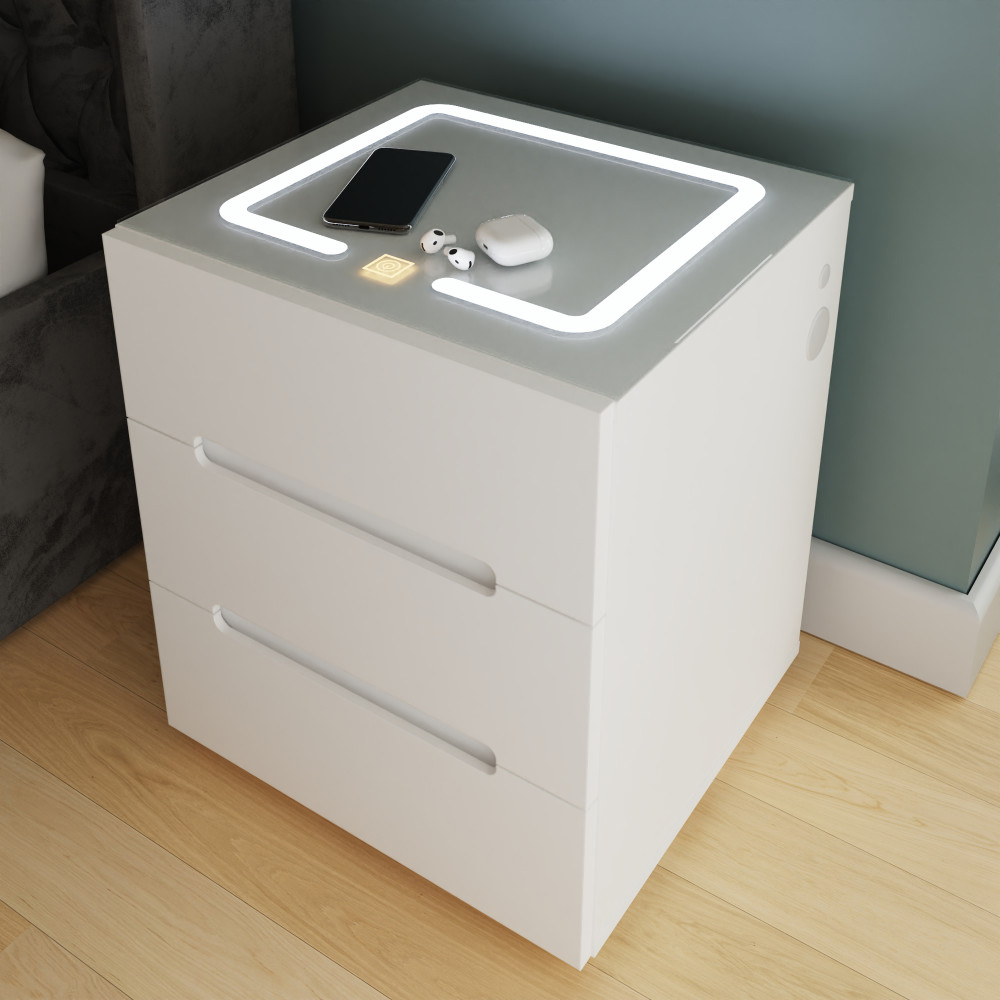 Rormis Wooden Bedside Cabinet in White and LED