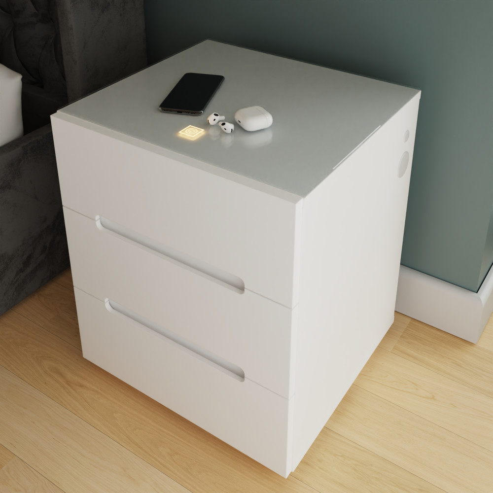Rormis Wooden Bedside Cabinet in White and LED