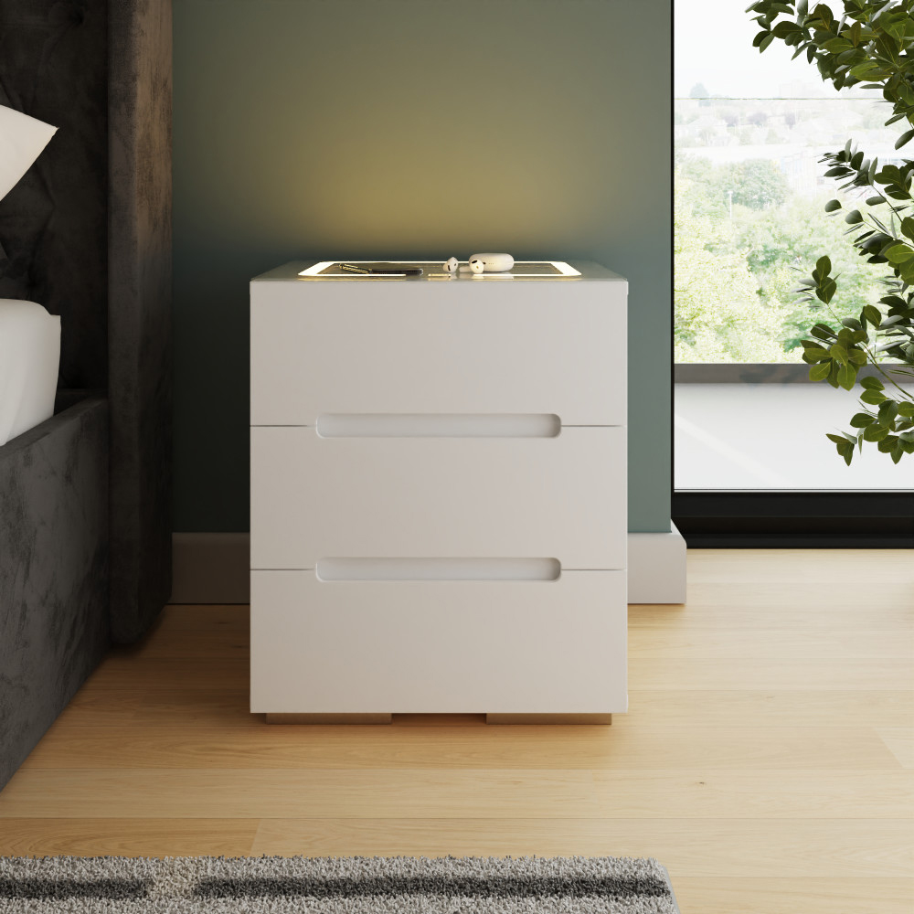 Rormis Wooden Bedside Cabinet in White and LED