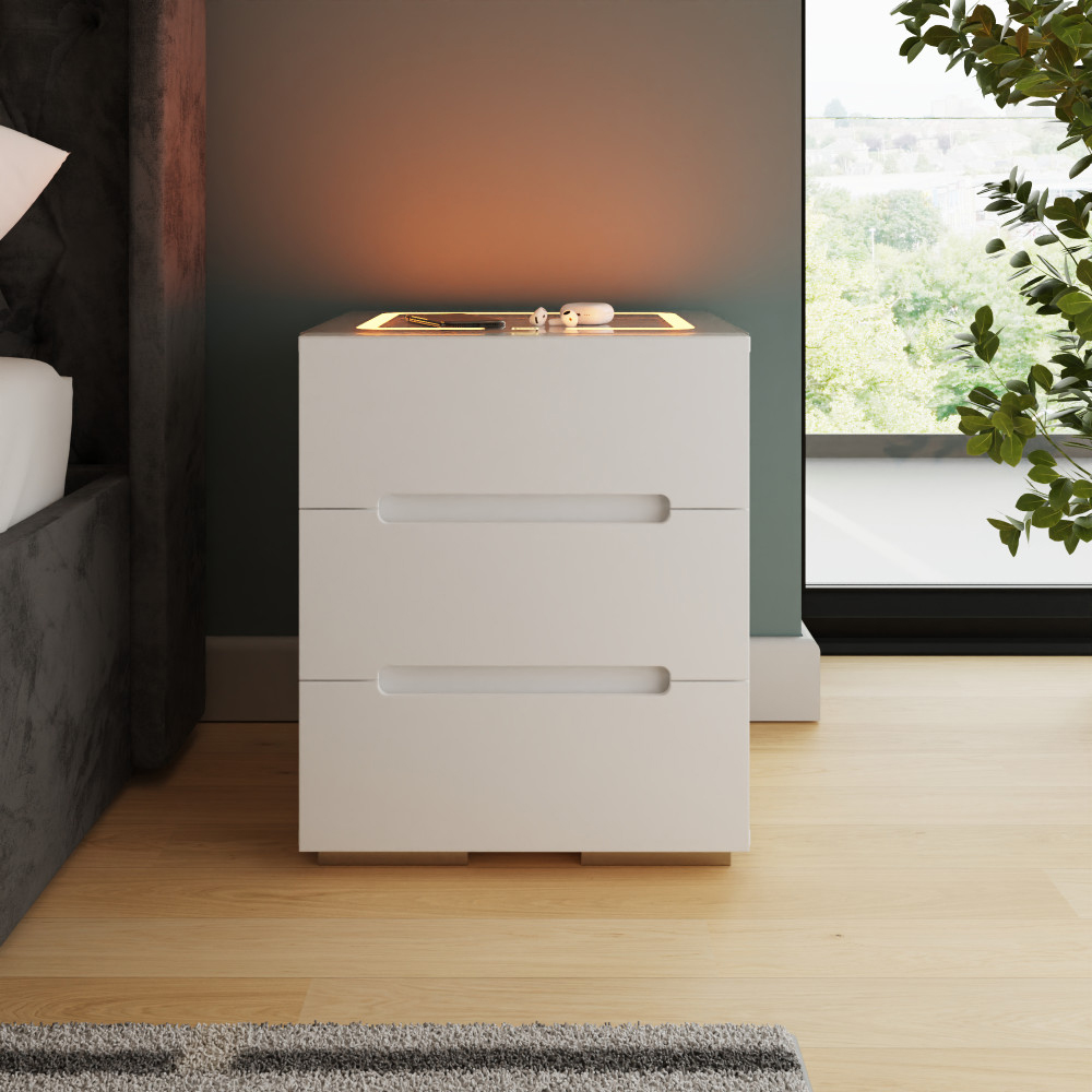 Rormis Wooden Bedside Cabinet in White and LED