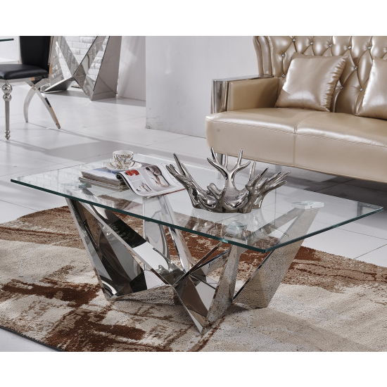 Rosali Clear Glass Coffee Table With Silver Stainless Steel Legs