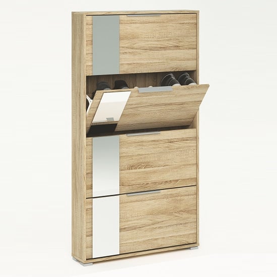 Rosana Mirrored Shoe Cabinet In Brushed Oak With 4 Flap Doors