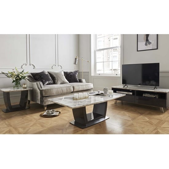 Roscoe Marble Top TV Stand In White With High Gloss Metal Base