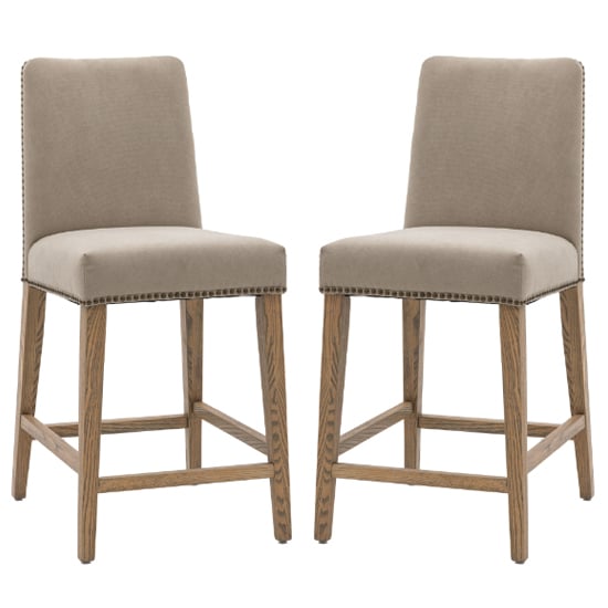 Read more about Roselle cement grey fabric bar chairs with oak legs in pair