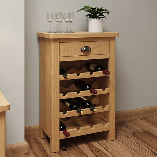 Product photograph of Rosemont Wooden 1 Drawer Wine Cabinet In Rustic Oak from Furniture in Fashion