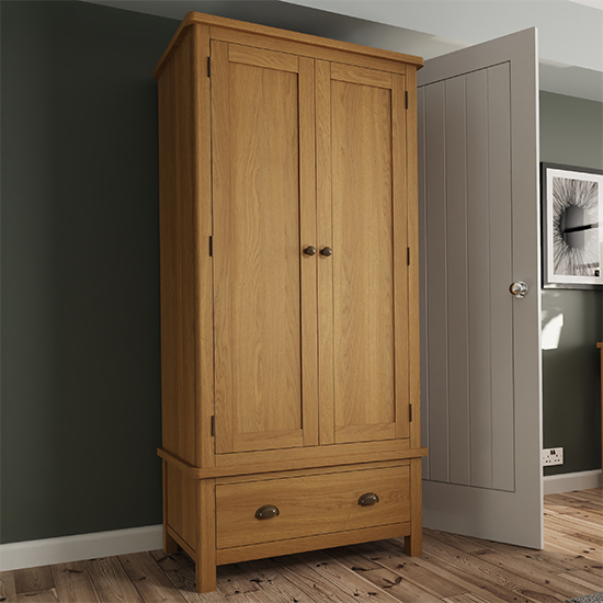 Product photograph of Rosemont Wooden 2 Doors 1 Drawer Wardrobe In Rustic Oak from Furniture in Fashion