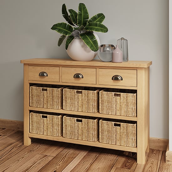 Product photograph of Rosemont Wooden 6 Basket Units Sideboard In Rustic Oak from Furniture in Fashion