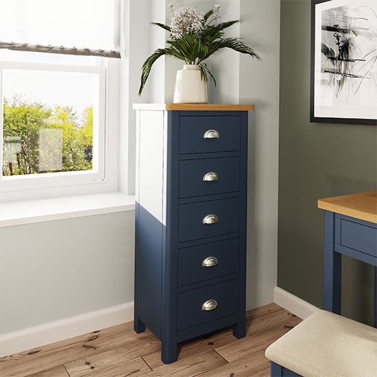 Rosemont Narrow Wooden Chest Of 5 Drawers In Dark Blue