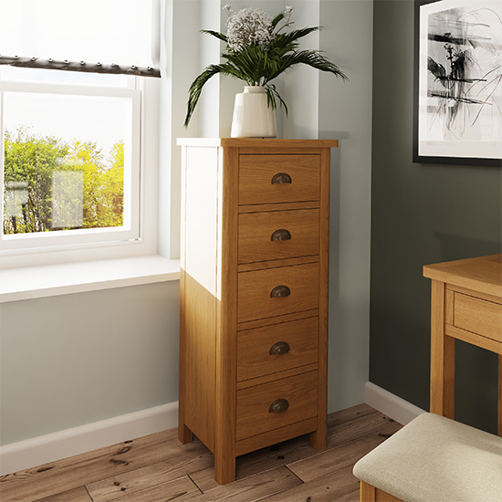 Rosemont Narrow Wooden Chest Of 5 Drawers In Rustic Oak thumbnail
