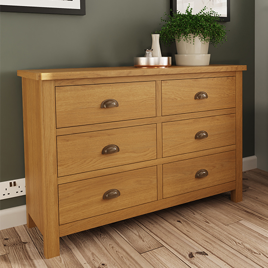 Rosemont Wide Wooden Chest Of 6 Drawers In Rustic Oak