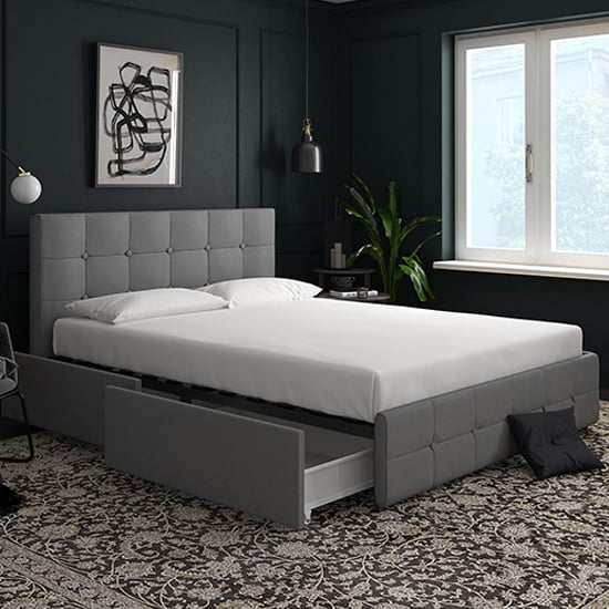 Photo of Rosen linen fabric king size bed with drawers in grey