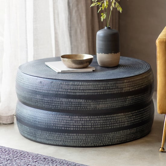 Photo of Roseville round metal coffee table in antique charcoal