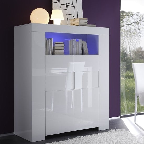 Rossini Wooden Highboard In White Gloss With 2 Doors And LED