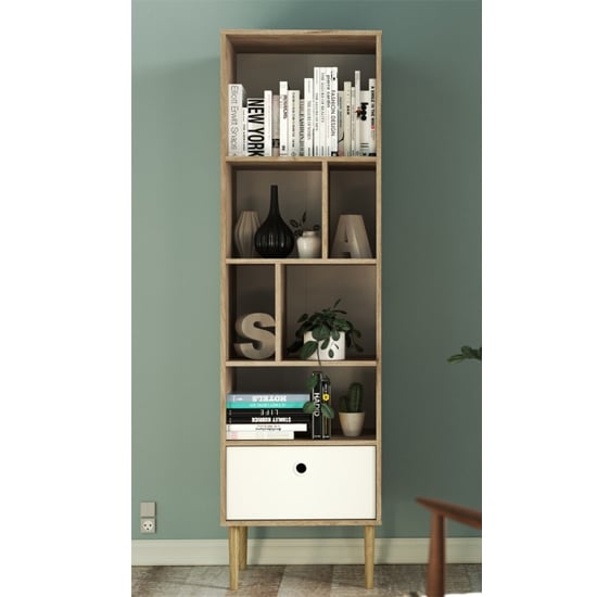 Product photograph of Roxo Wooden 1 Drawer Bookcase In Oak And White from Furniture in Fashion