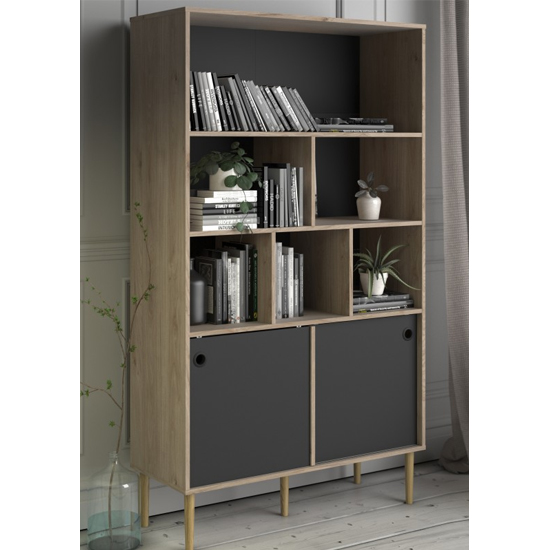 Photo of Roxo wooden 2 sliding doors bookcase in oak and black