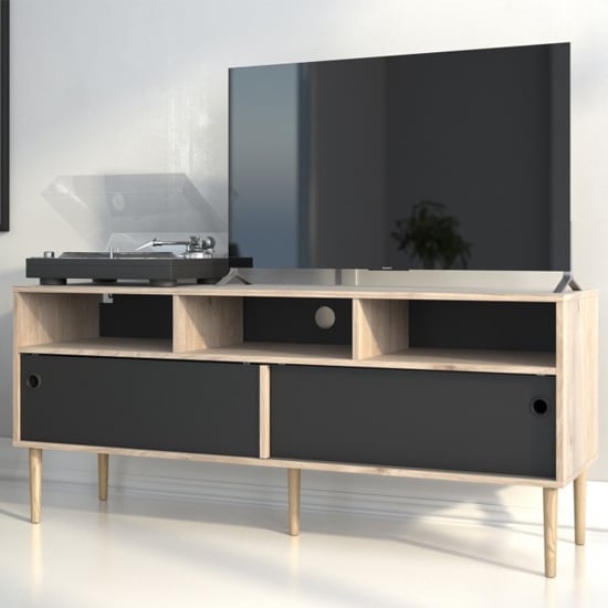 Photo of Roxo wooden 2 sliding doors tv stand in oak and black