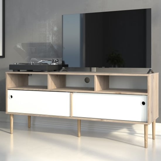 Product photograph of Roxo Wooden 2 Sliding Doors Tv Stand In Oak And White from Furniture in Fashion