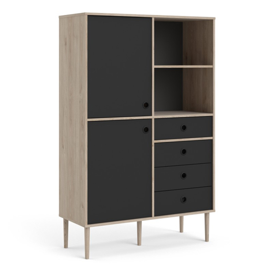Read more about Roxo wooden bookcase 2 doors 4 drawers in oak and matt black