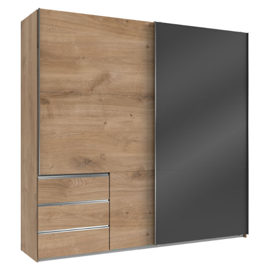 Royd Mirrored Sliding Wide Wardrobe In Grey And Planked Oak