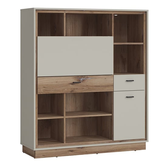 Royse Wooden Bookcase With Fold Out Desk In Grey And Oak Furniture in