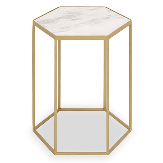 Mekbuda White Marble Top Hexagonal Side Table With Gold Base