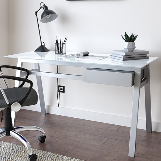 Rubery White Glass Top Computer Desk With White Frame