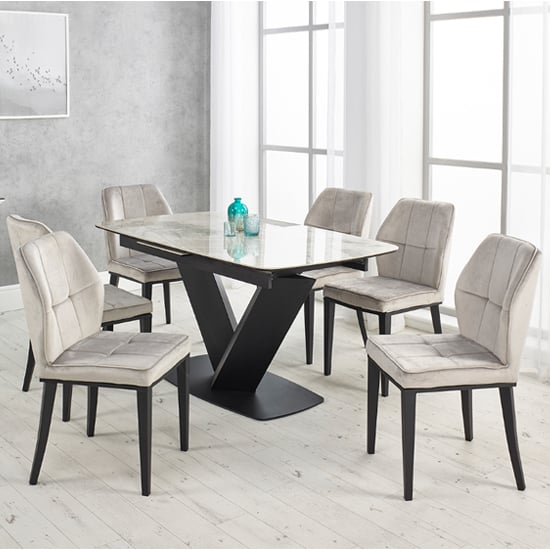 Photo of Riva extending ceramic dining table with 6 romano grey chairs