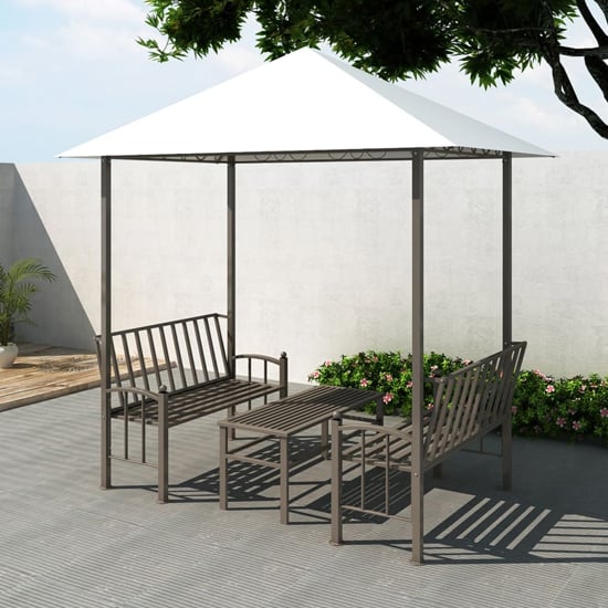 Photo of Ruby garden pavilion with 1 table and 2 benches in white