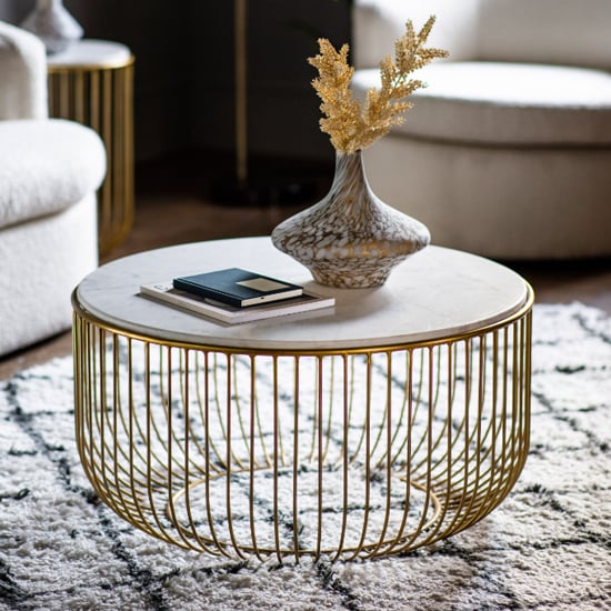 Product photograph of Rugby Marble Top Coffee Table In White With Gold Metal Frame from Furniture in Fashion