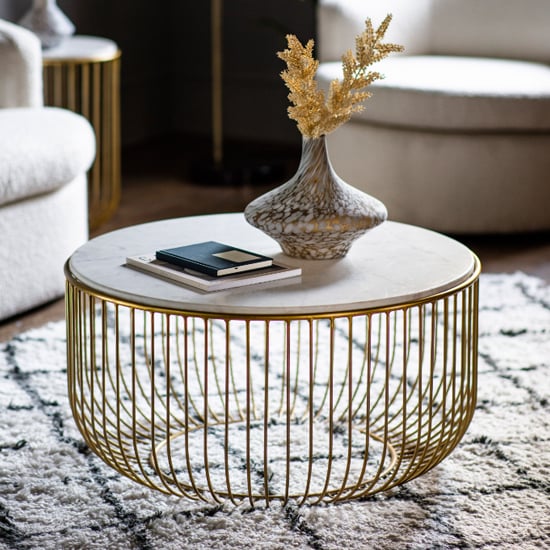 Photo of Rugby marble top coffee table in white with gold metal frame