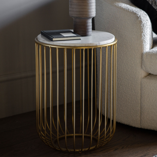 Product photograph of Rugby Marble Top Side Table In White With Gold Metal Frame from Furniture in Fashion