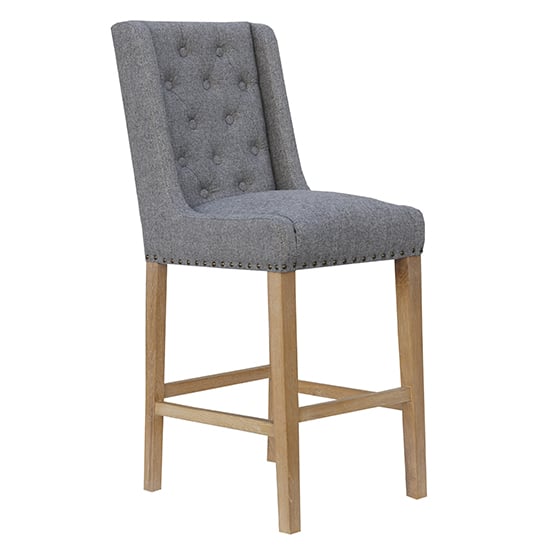 Rugeley Fabric Button Back Bar Stool In Light Grey With Studs