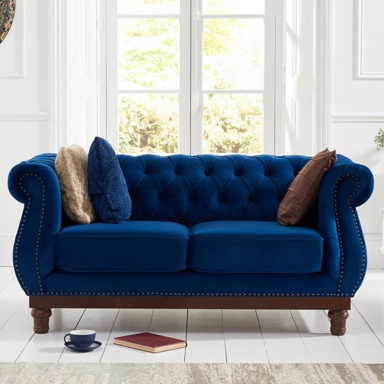 Ruskin Chesterfield Plush Fabric 2 Seater Sofa In Blue
