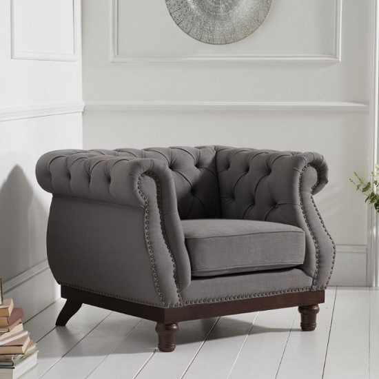 Ruskin Chesterfield Linen Fabric Armchair In Grey