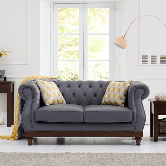 Ruskin Chesterfield Leather 2 Seater Sofa In Grey